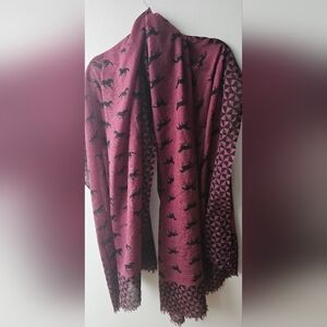 Beck Sondergaard Silk and Woolen Blended Burgundy Scarf  Black Horse Pattern B37